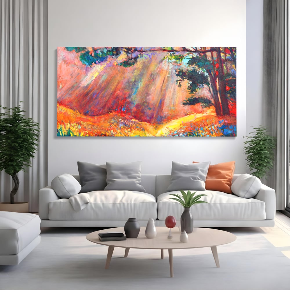 Tablou canvas cu tablou pictura cu padure si raze de soare, fara rama, pe sasiu de lemn, pe perete intr-un living